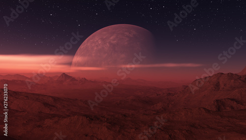 3d rendered Space Art  Alien Planet - A Fantasy Landscape with dark skies and clouds