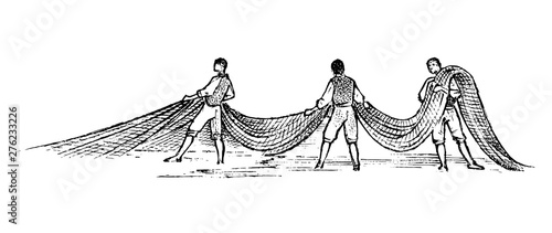 Fishery in Greece. Men with fishing nets. Hand drawn engraved vintage sketch for poster, banner or website.