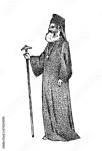 Priest in clerical clothing. Archbishop of Athens and All Greece. Greek Man Bishop in vintage style. Hand drawn engraved vintage sketch for poster, banner or website.