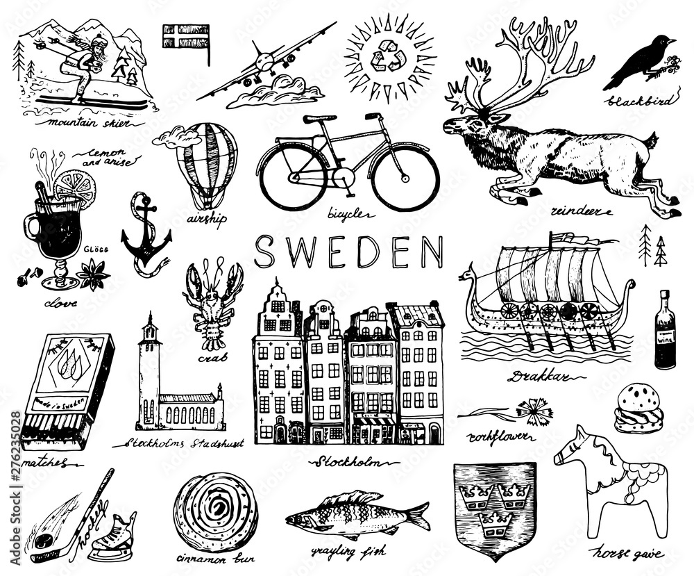 Symbols of Sweden in vintage style. Retro sketch with traditional signs.  Scandinavian culture, national entertainment in European country. Ecology  and processing, bicycle and animals, winter and cold. Stock Vector | Adobe  Stock