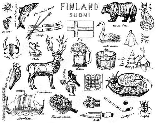 Symbols of Finland in vintage style. Doodle sketch with traditional signs. Scandinavian culture, national entertainment in a European country. Animals and forest, bath and flag, winter and cold.
