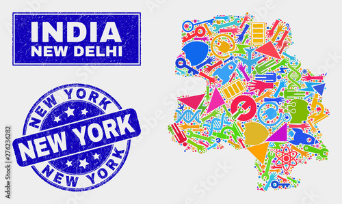 Mosaic service New Delhi City map and New York seal stamp. New Delhi City map collage constructed with randomized bright equipment, hands, industry items.