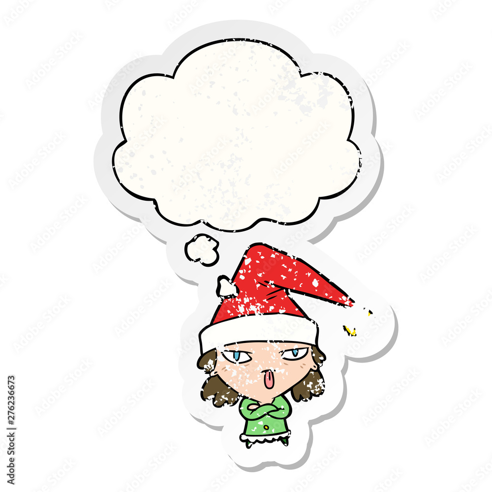 cartoon girl wearing christmas hat and thought bubble as a distressed worn sticker cartoon girl wearing christmas hat and thought bubble as a distressed worn sticker