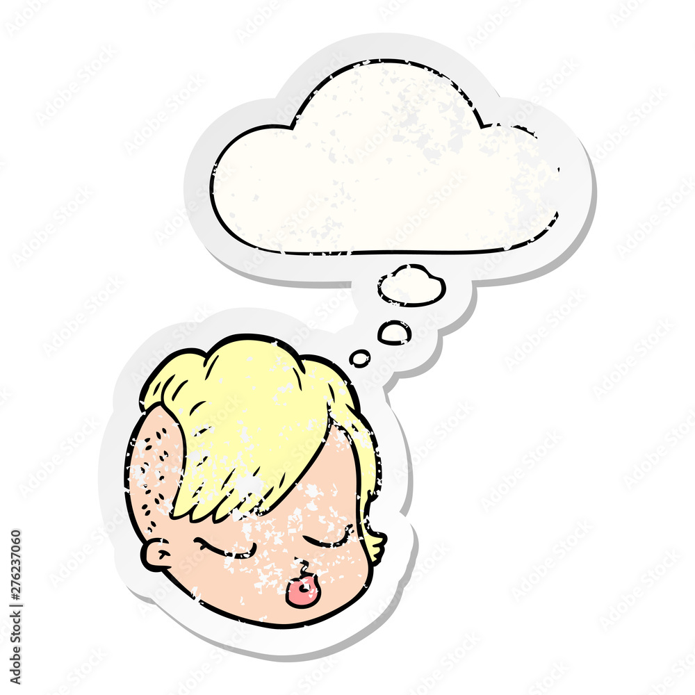 cartoon female face and thought bubble as a distressed worn sticker cartoon female face and thought bubble as a distressed worn sticker
