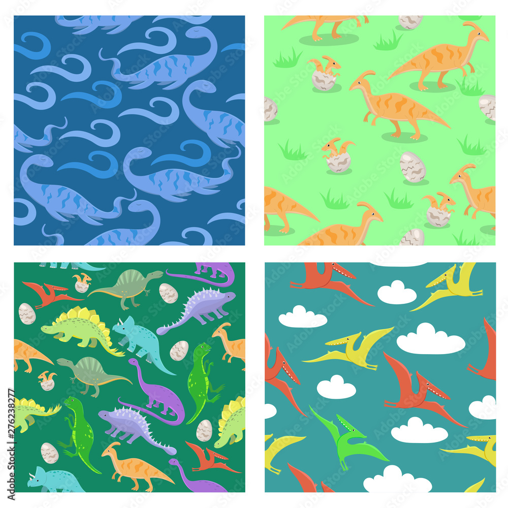 Set of seamless texture with dinosaurs. For scrabbooking, fabrics, wrapping paper and other. Vector image. Set of seamless texture with dinosaurs. For scrabbooking, fabrics, wrapping paper and other. Vector image.