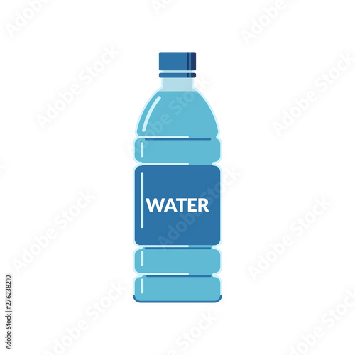 Plastic bottle full of water with a label on a white background. Flat style icon.