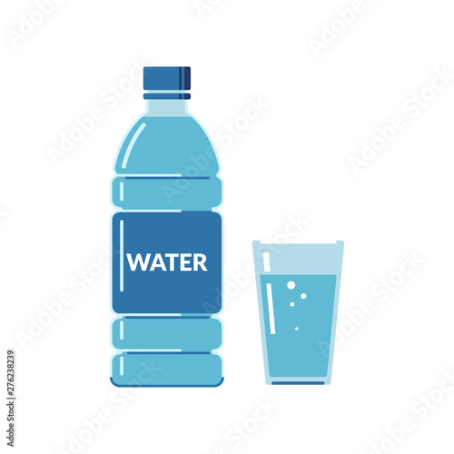 Plastic bottle and glass full of water with bubbles. Flat style icon.