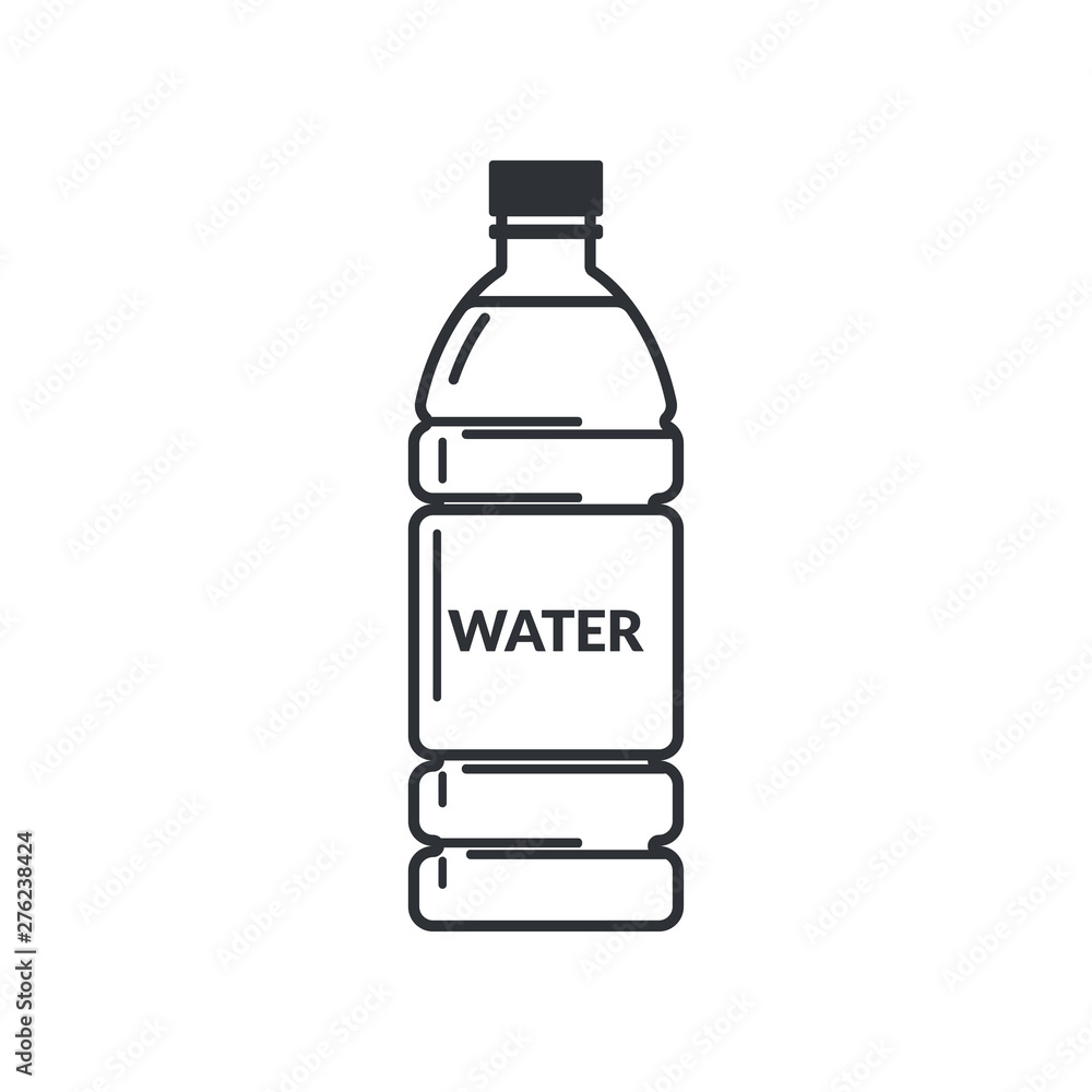 Plastic bottle full of water with a label on a white background. Flat style icon.