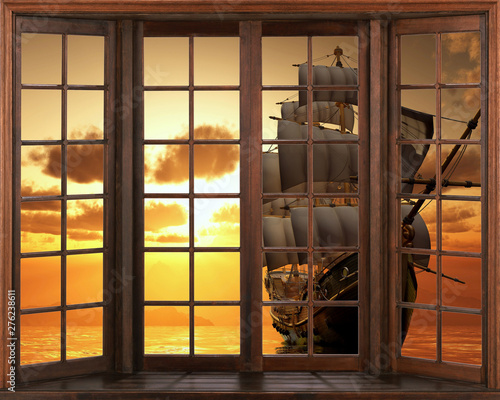 View from the window. 3D wallpaper, window view sailing boat ship schooner. I...