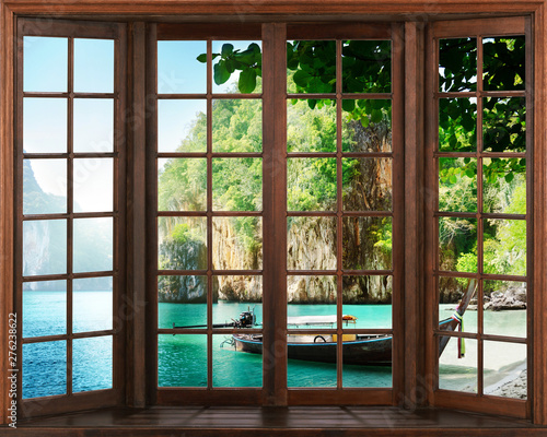 view from the window. Silhouettes of window with a curtain, river view backgr...