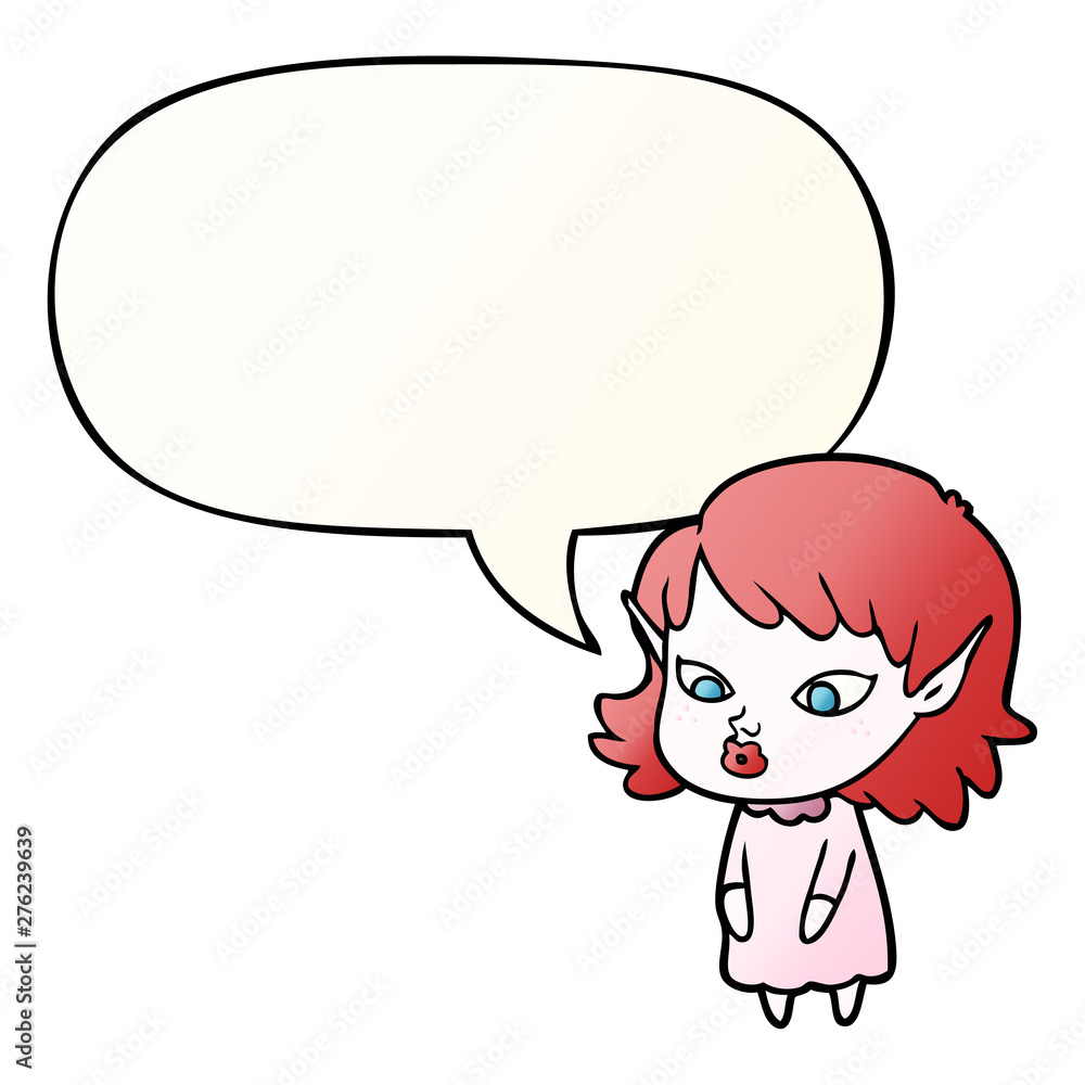 cartoon elf girl and pointy ears and speech bubble in smooth gradient style cartoon elf girl and pointy ears and speech bubble in smooth gradient style