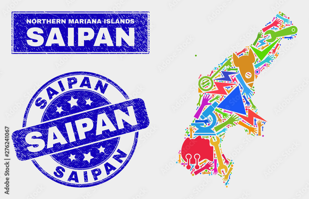 Mosaic service Saipan Island map and Saipan seal stamp. Saipan Island map collage created with randomized bright equipment, palms, production symbols.