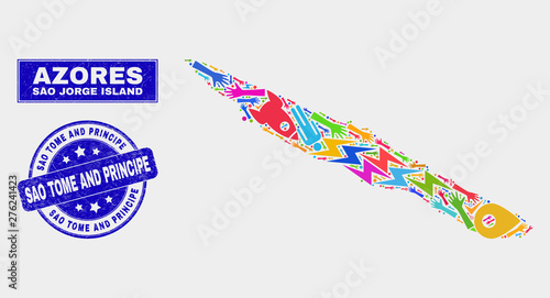 Mosaic service Sao Jorge Island map and Sao Tome and Principe watermark. Sao Jorge Island map collage designed with scattered colorful tools, hands, service items.