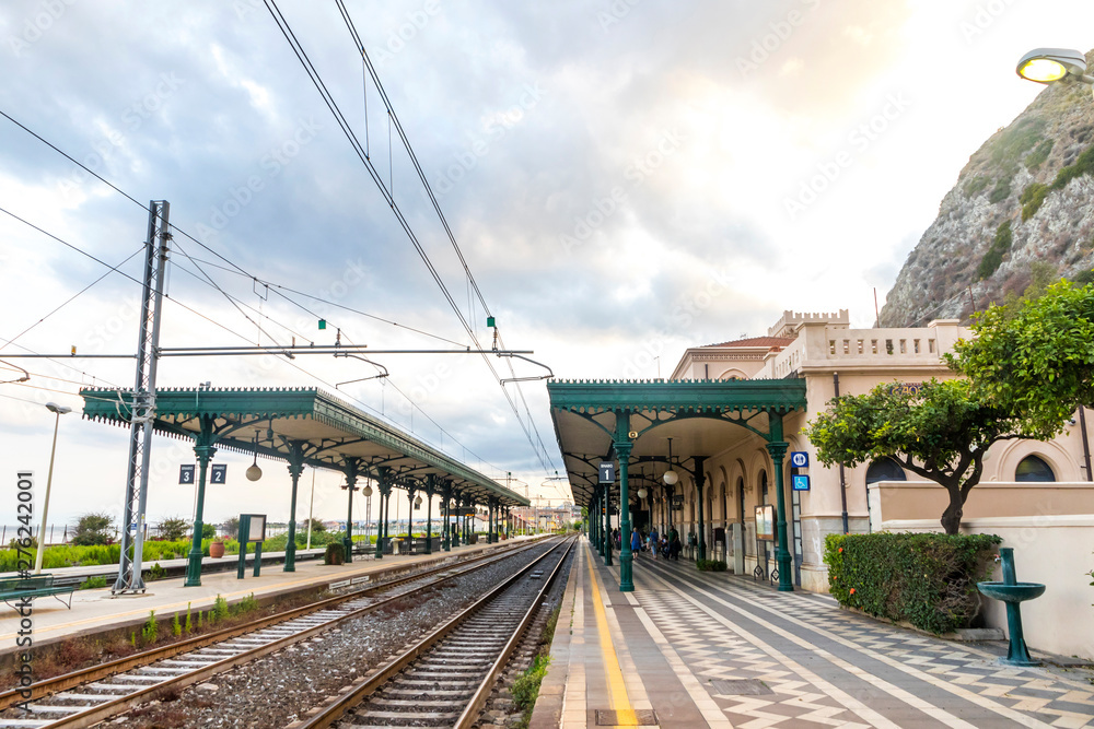 Taormina, Italy - May 14, 2018: Taormina Giardini Naxos railway station (Stazione di Taormina-Giardini), small railway station situated in 1 km away well below the Taormina old town, Sicily, Italy