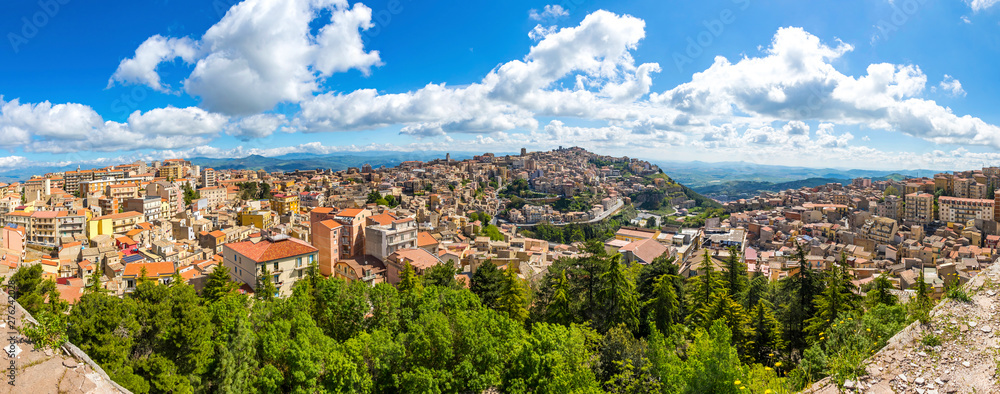 Picturesque panoramic aerial view of Enna old town, Sicily, Italy. Enna is a city and comune located at the center of Sicily. At 931m above sea level, Enna is the highest Italian provincial capital