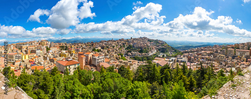 Picturesque panoramic aerial view of Enna old town, Sicily, Italy. Enna is a city and comune located at the center of Sicily. At 931m above sea level, Enna is the highest Italian provincial capital