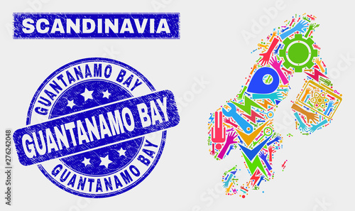 Mosaic service Scandinavia map and Guantanamo Bay stamp. Scandinavia map collage composed with scattered colorful equipment, palms, service items.