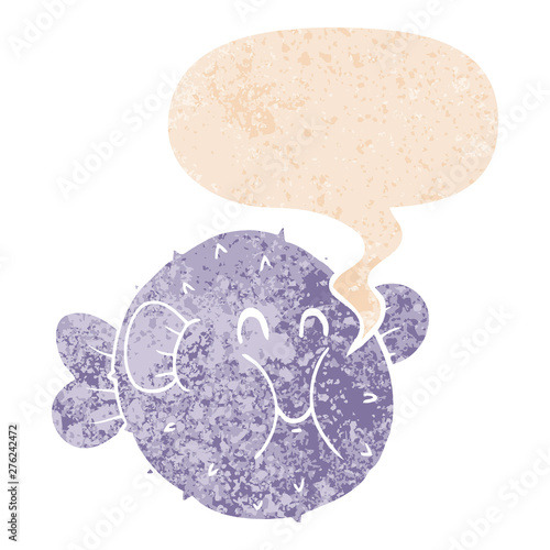 cartoon puffer fish and speech bubble in retro textured style