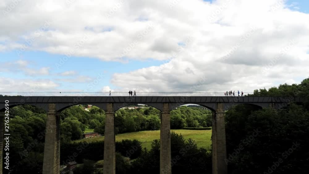 Pontcysyllte Aqueduct arch bridge canal waterway crossing, Pull back reveal aerial. Pontcysyllte Aqueduct arch bridge canal waterway crossing, Pull back reveal aerial.