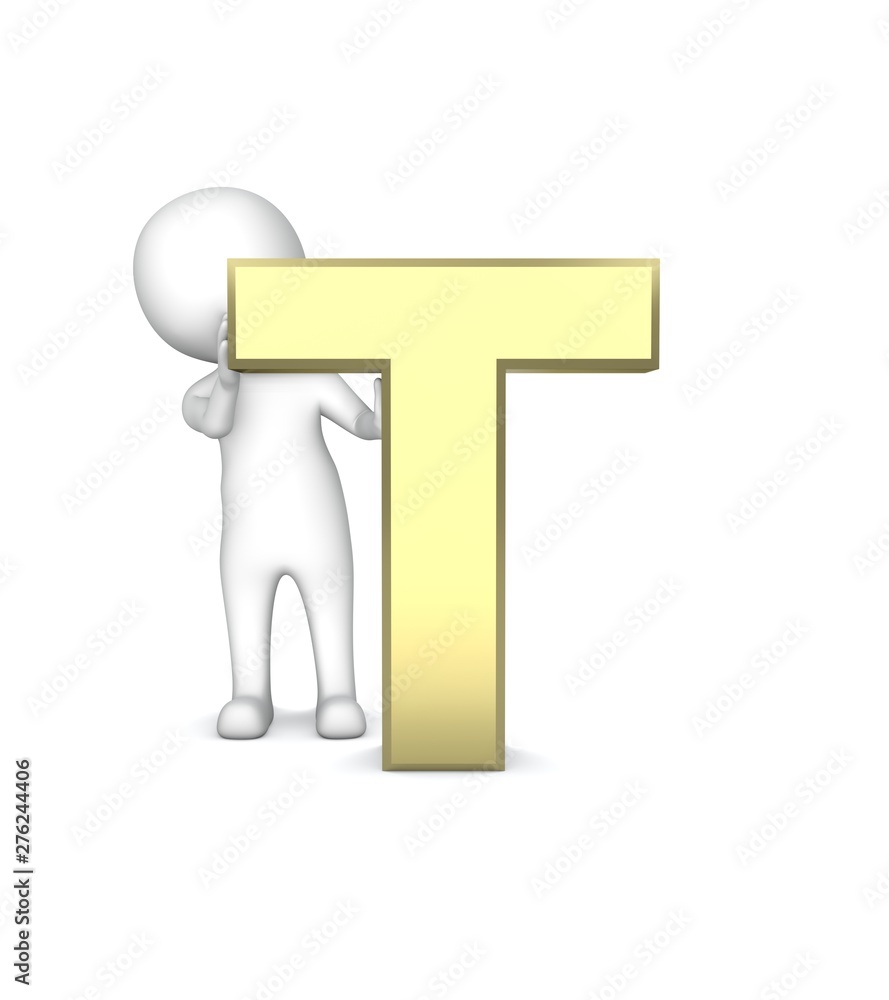 3D Human standing behind of the ''T'' letter symbol. 3D Rendering. 3D Human standing behind of the ''T'' letter symbol. 3D Rendering.