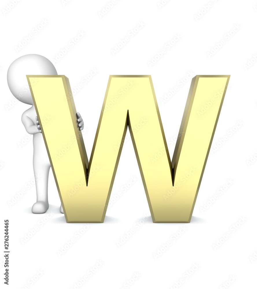 3D Human standing behind of the ''W'' letter symbol. 3D Rendering. 3D Human standing behind of the ''W'' letter symbol. 3D Rendering.