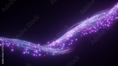 Glowing fiber optic cable. Information flows by wire. The concept of technology and information transfer. Modern blue purple color spectrum photo
