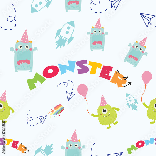 Cute monster seamless pattern background, t-shirt, card. Vector