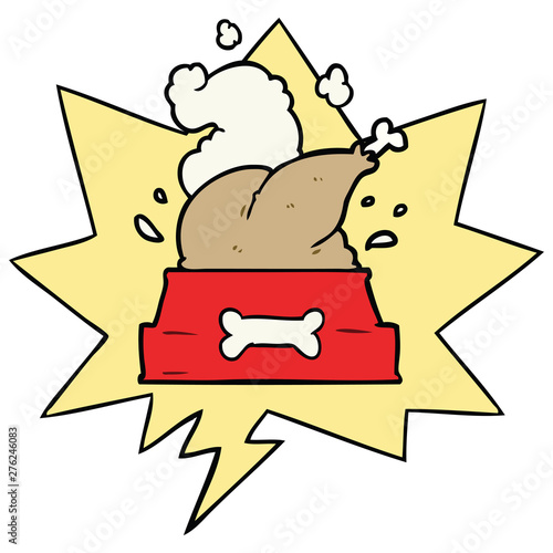 cartoon whole cooked turkey crammed into a dog bowl for a happy christmas pup and speech bubble