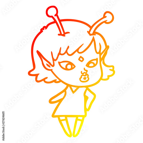 warm gradient line drawing pretty cartoon alien girl