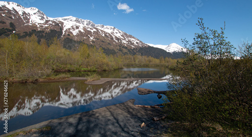 Reflections in Moose Flats Wetland and Portage Creek in Turnagain Arm near Anchorage Alaska United States