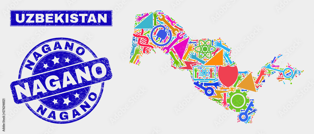Mosaic technology Uzbekistan map and Nagano seal stamp. Uzbekistan map collage made with scattered colored equipment, hands, service symbols. Blue rounded Nagano seal stamp with grunge texture.