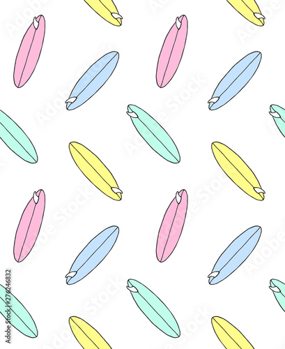 Vector seamless pattern of hand drawn pastel doodle sketch surf board isolated on white background 