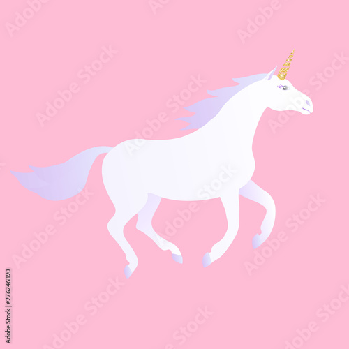 Vector flat cartoon hand drawn white gradient unicorn isolated on pastel pink background 
