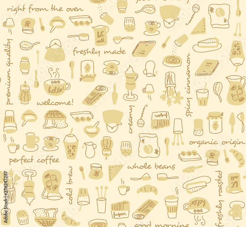 Coffee store elements with text in english seamless pattern in light warm colors. Brunch and teatime hand drawn icons for backgrounds, textile, wrapping paper and wallpaper