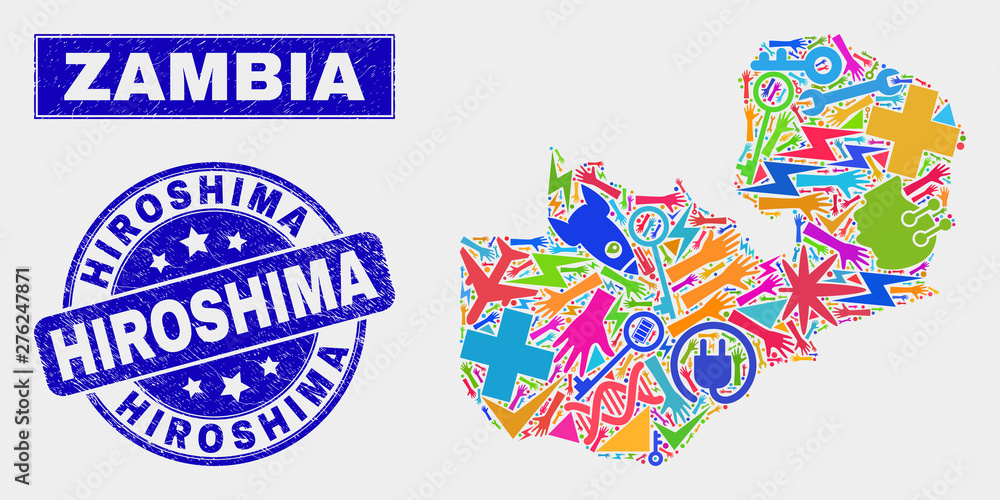 Mosaic tools Zambia map and Hiroshima watermark. Zambia map collage formed with scattered bright equipment, palms, service symbols. Blue round Hiroshima watermark with distress texture.