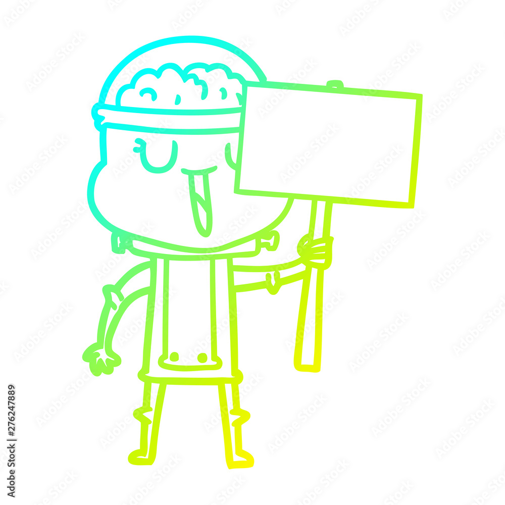 Fototapeta premium cold gradient line drawing happy cartoon robot with sign