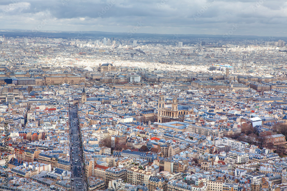 Aerial view of the streets of Paris downtown
