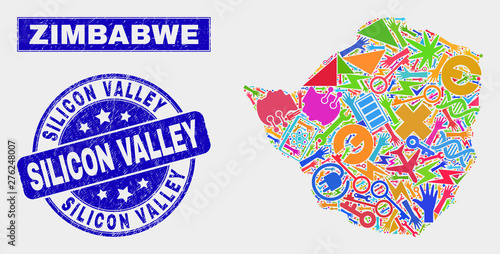 Mosaic service Zimbabwe map and Silicon Valley watermark. Zimbabwe map collage designed with random bright equipment, palms, industry items. Blue round Silicon Valley watermark with scratched texture.