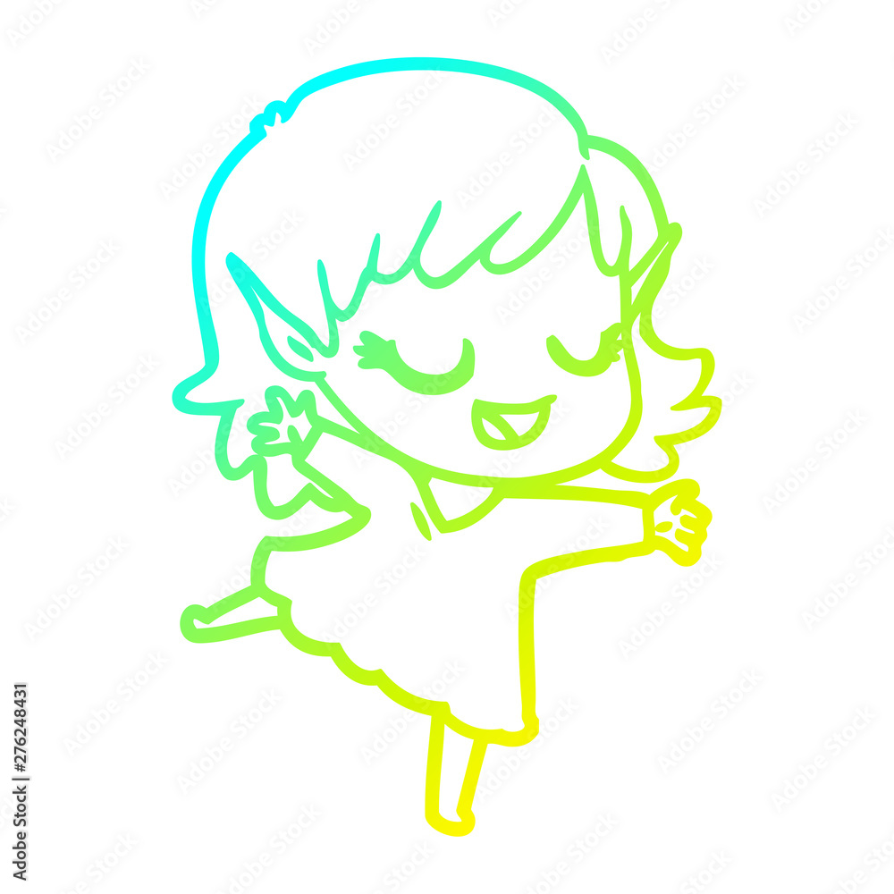 cold gradient line drawing happy cartoon elf girl