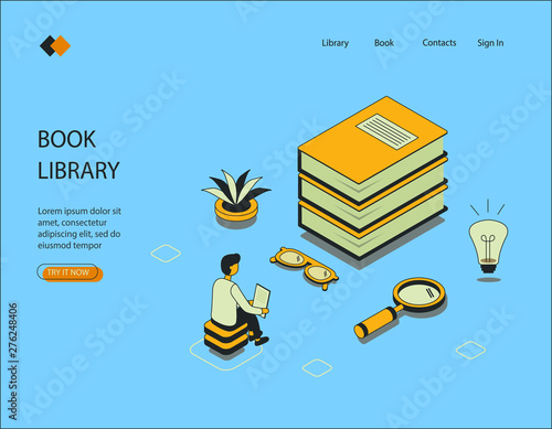 Isometric image on blue background of book library. Visualization of the character with a list, a stack of books, glasses with a magnifying glass to find the right book. Vector illustration.