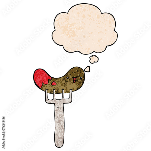 cartoon sausage and fork and thought bubble in grunge texture pattern style