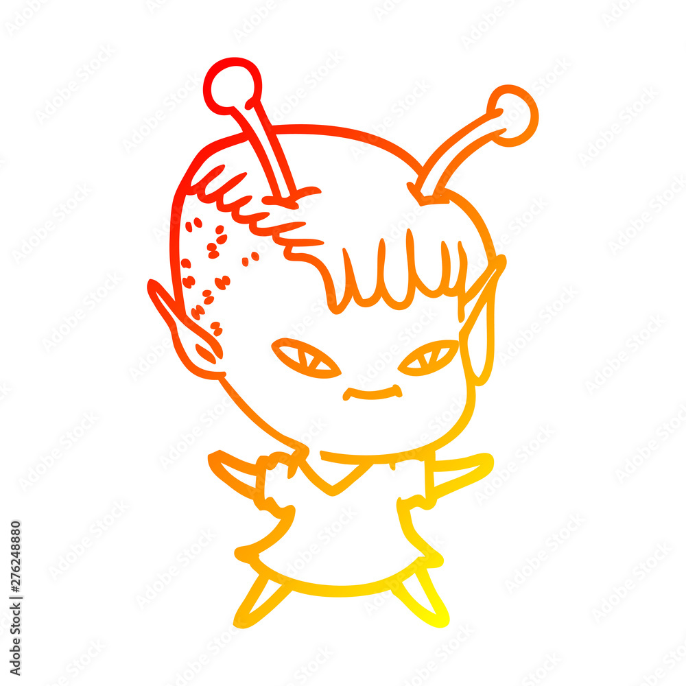 Obraz premium warm gradient line drawing cute cartoon alien girl