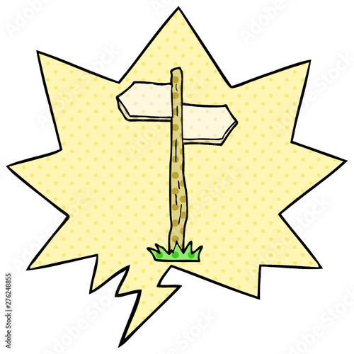 cartoon old direction sign and speech bubble in comic book style