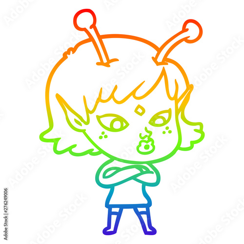 rainbow gradient line drawing pretty cartoon alien girl