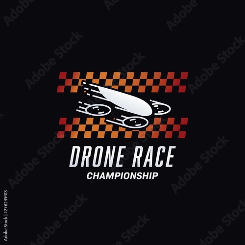 Fpv drone quadcopter racer logo icon with fast racing drone illustration and racing flag background