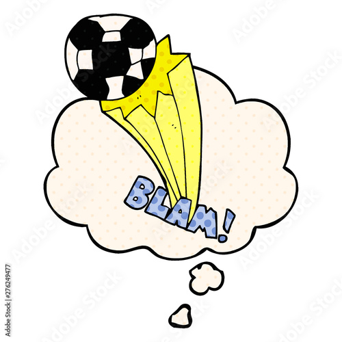 cartoon kicked soccer ball and thought bubble in comic book style