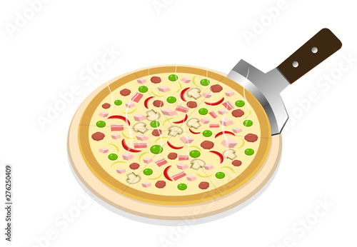 Perspective, Pizza on wooden tray on white, vector