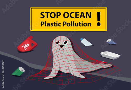Sad seal stuck plastic net at sea pollution vector