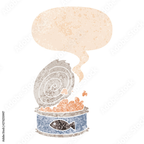 cartoon canned food and speech bubble in retro textured style
