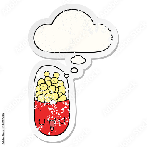 cartoon medical pill and thought bubble as a distressed worn sticker